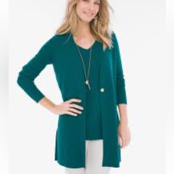 Chico's Button Front Cardigan Knee Length Teal w/ Gold Tone Button Side Slits XL - Picture 1 of 9